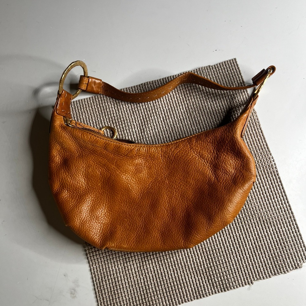 Sigrid Olsen Cognac Pebbled Leather Hobo Bag Gold Ring Hardware Tan Crescent